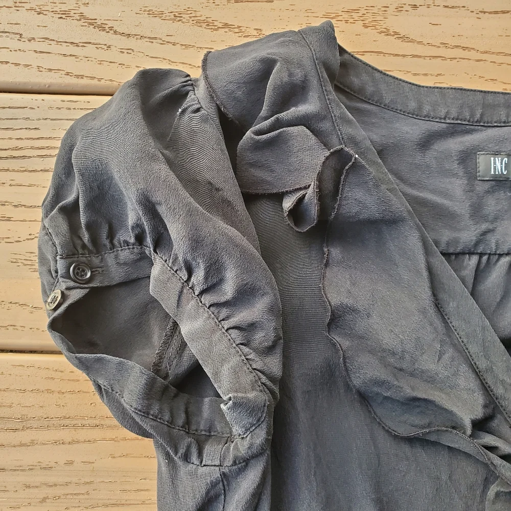 INC Black Mini Dress Button Front A-Line Ruffle Silk Work Party Sustainable 8 - Picture 5 of 11